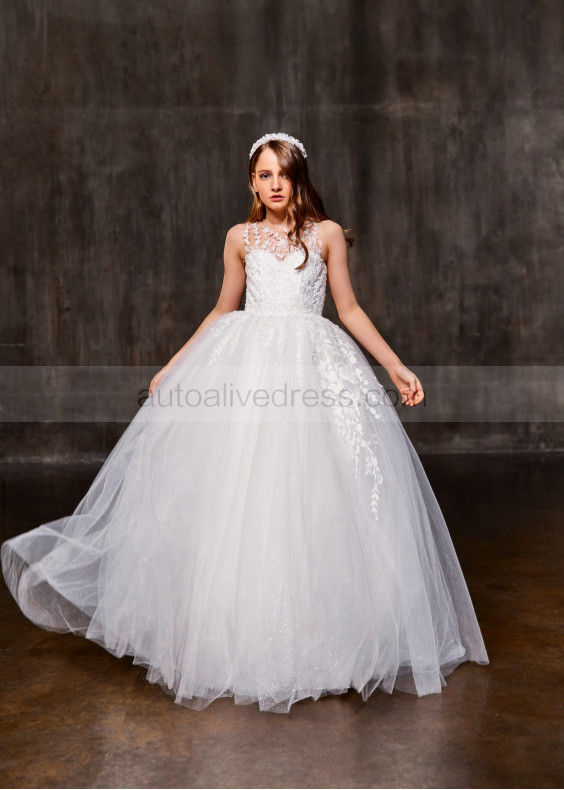 Beaded White Lace Glitter Tulle Latest Flower Girl Dress Beaded White Lace Glitter Tulle Latest Flower Girl Dress